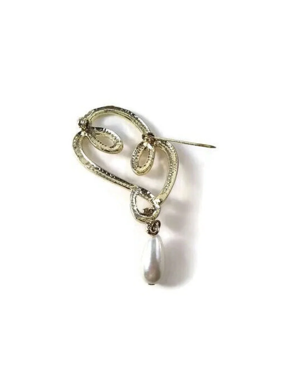 Vintage Gold Tone Swirl Abstract Brooch with Dangling Faux Teardrop Pearl.